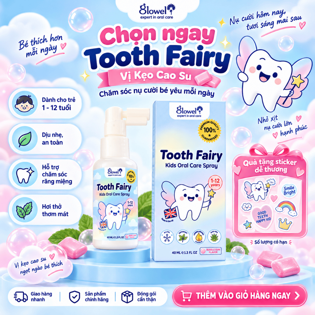 Combo 2 Chai Xịt Ngừa Sâu Răng Cho Bé Glowel Tooth Fairy 40ml, Tự Chọn 4 Vị, Chăm Sóc Men Răng, Nhập Khẩu Anh Quốc