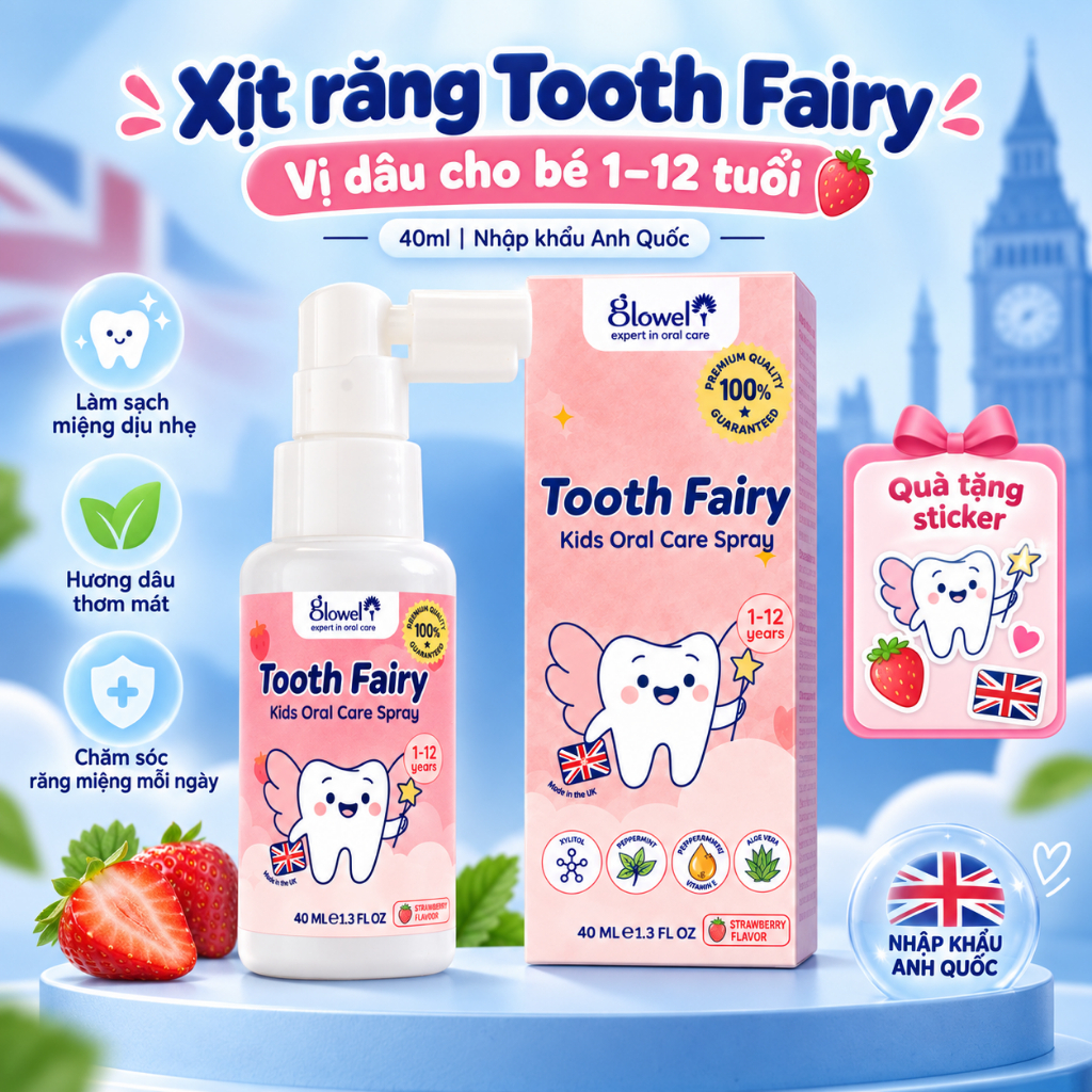 Xịt Ngừa Sâu Răng Cho Bé Glowel Tooth Fairy Vị Dâu 40ml, Chăm Sóc Răng Miệng, Bảo Vệ Men Răng, Nhập Khẩu Anh Quốc