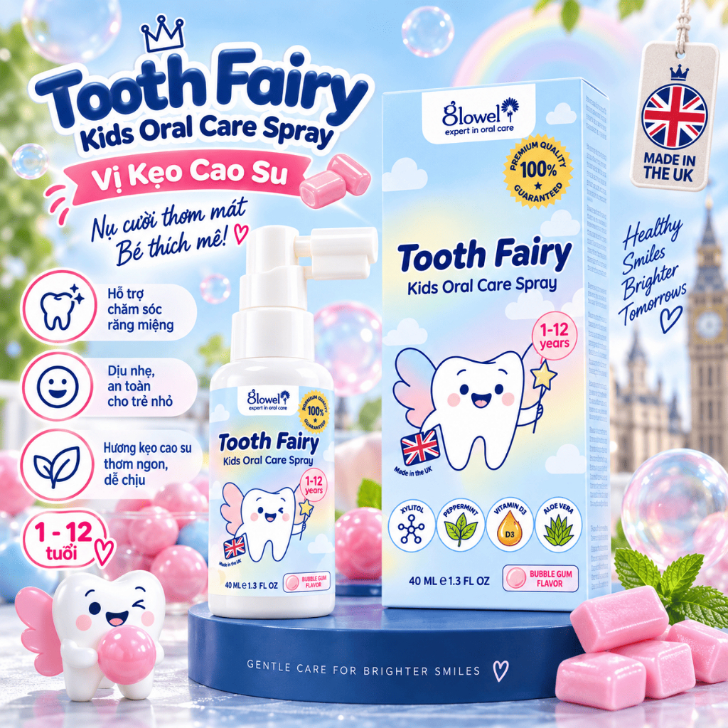 Xịt Ngừa Sâu Răng Cho Bé Glowel Tooth Fairy Vị Kẹo Cao Su 40ml, Bảo Vệ Men Răng, Chăm Sóc Răng Miệng Trẻ 1-12 tuổi
