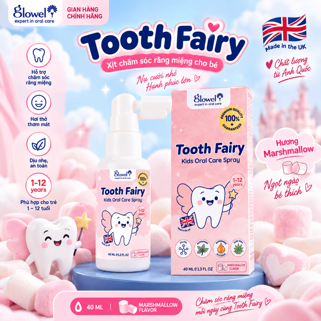 Xịt Ngừa Sâu Răng Cho Bé Glowel Tooth Fairy Vị Kẹo Dẻo Marshmallow 40ml, Chăm Sóc Răng Miệng Trẻ Em 1-12 Tuổi